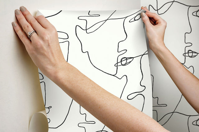 Pablo Portraits Black Peel & Stick Wallpaper with Abstract Line-Drawing Faces - York PSW1053RL