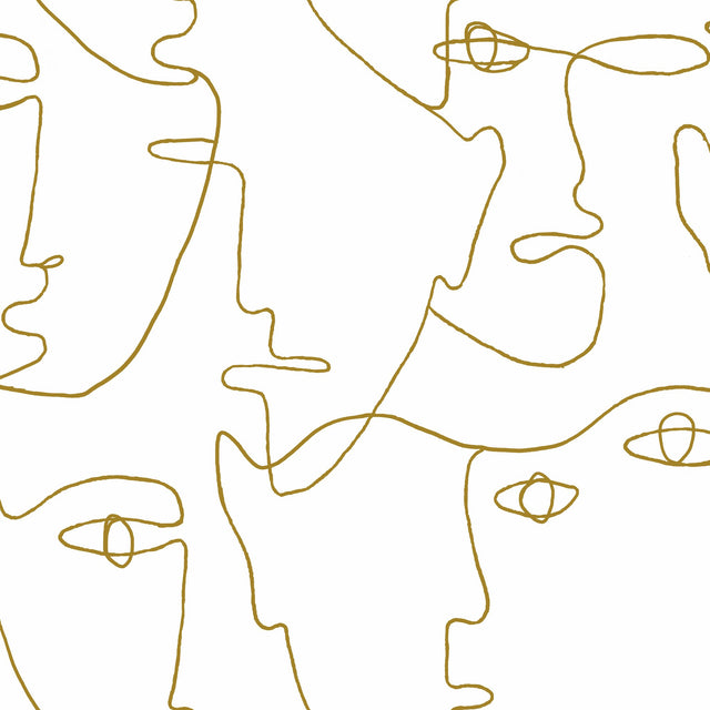 Pablo Portraits Gold Metallic Premium Peel & Stick Wallpaper with Modern Line-Art Faces - York PSW1054RL