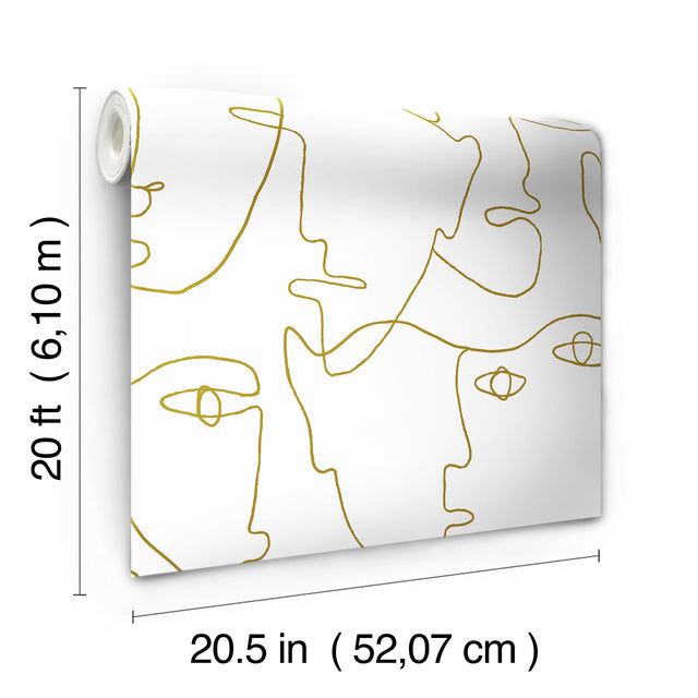 Pablo Portraits Gold Metallic Premium Peel & Stick Wallpaper with Modern Line-Art Faces - York PSW1054RL