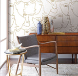 Pablo Portraits Gold Metallic Premium Peel & Stick Wallpaper with Modern Line-Art Faces - York PSW1054RL