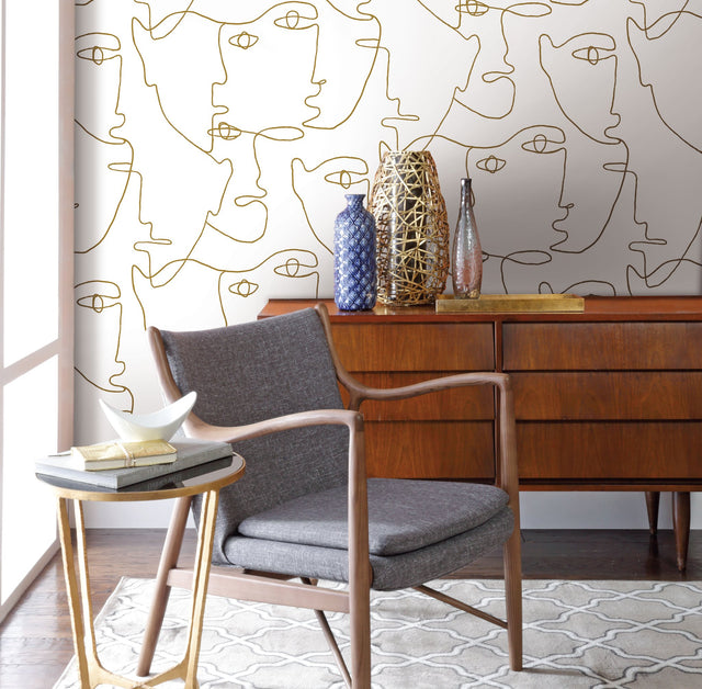 Pablo Portraits Gold Metallic Premium Peel & Stick Wallpaper with Modern Line-Art Faces - York PSW1054RL
