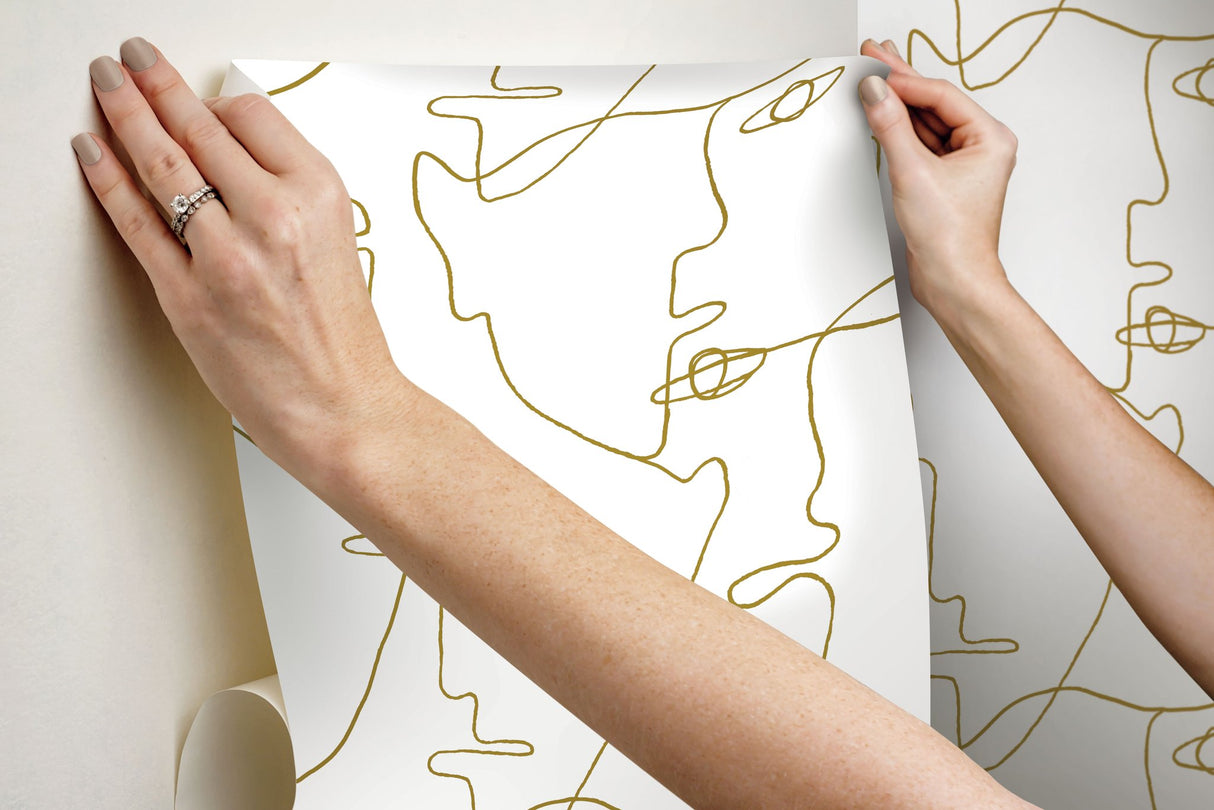 Pablo Portraits Gold Metallic Premium Peel & Stick Wallpaper with Modern Line-Art Faces - York PSW1054RL