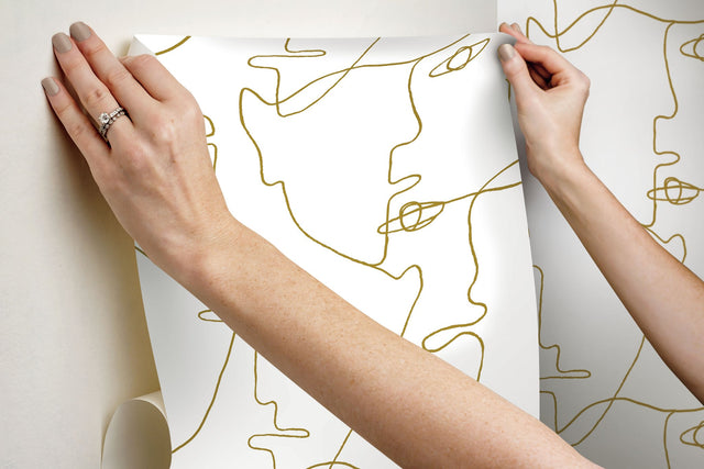 Pablo Portraits Gold Metallic Premium Peel & Stick Wallpaper with Modern Line-Art Faces - York PSW1054RL