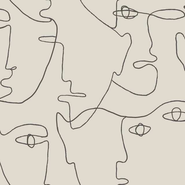 Pablo Portraits Linen & Charcoal Peel & Stick Wallpaper with Modern Line-Drawing Faces - York PSW1055RL