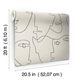 Pablo Portraits Linen & Charcoal Peel & Stick Wallpaper with Modern Line-Drawing Faces - York PSW1055RL