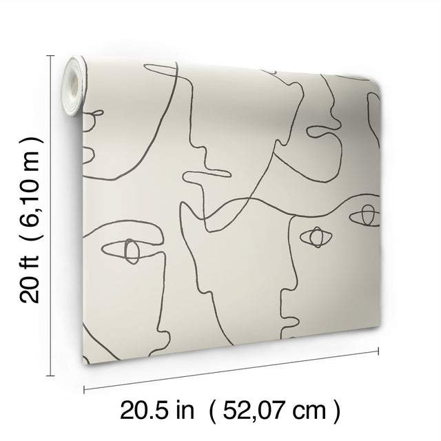 Pablo Portraits Linen & Charcoal Peel & Stick Wallpaper with Modern Line-Drawing Faces - York PSW1055RL