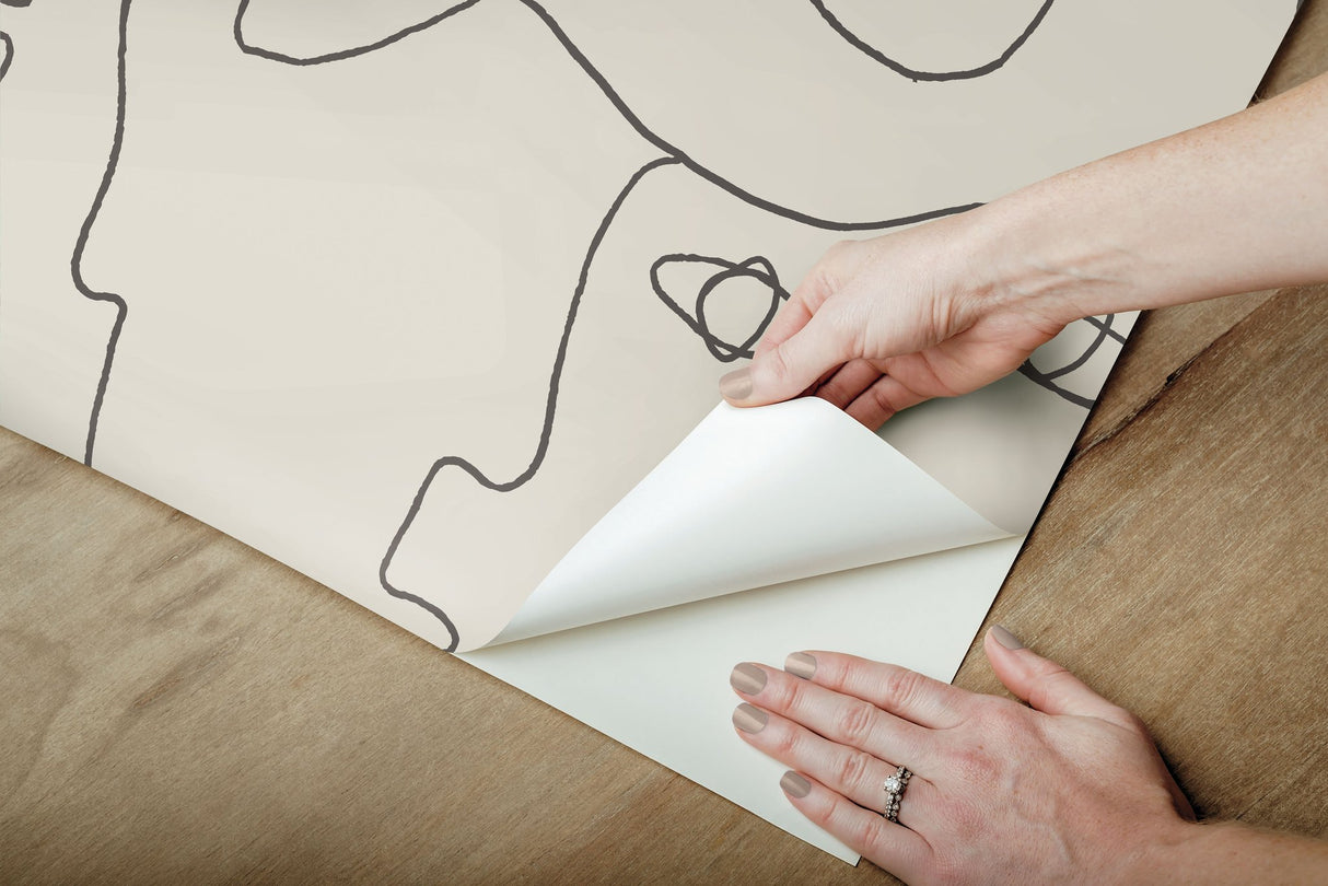 Pablo Portraits Linen & Charcoal Peel & Stick Wallpaper with Modern Line-Drawing Faces - York PSW1055RL