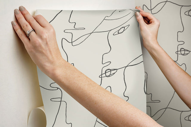 Pablo Portraits Linen & Charcoal Peel & Stick Wallpaper with Modern Line-Drawing Faces - York PSW1055RL