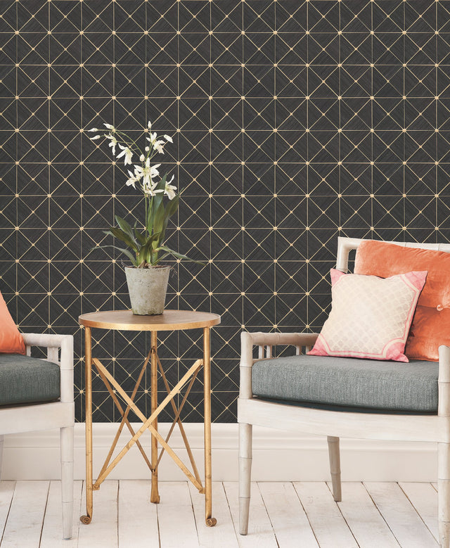 Double Diamonds Black Peel & Stick Wallpaper with Geometric Diamond Motif - York PSW1070RL