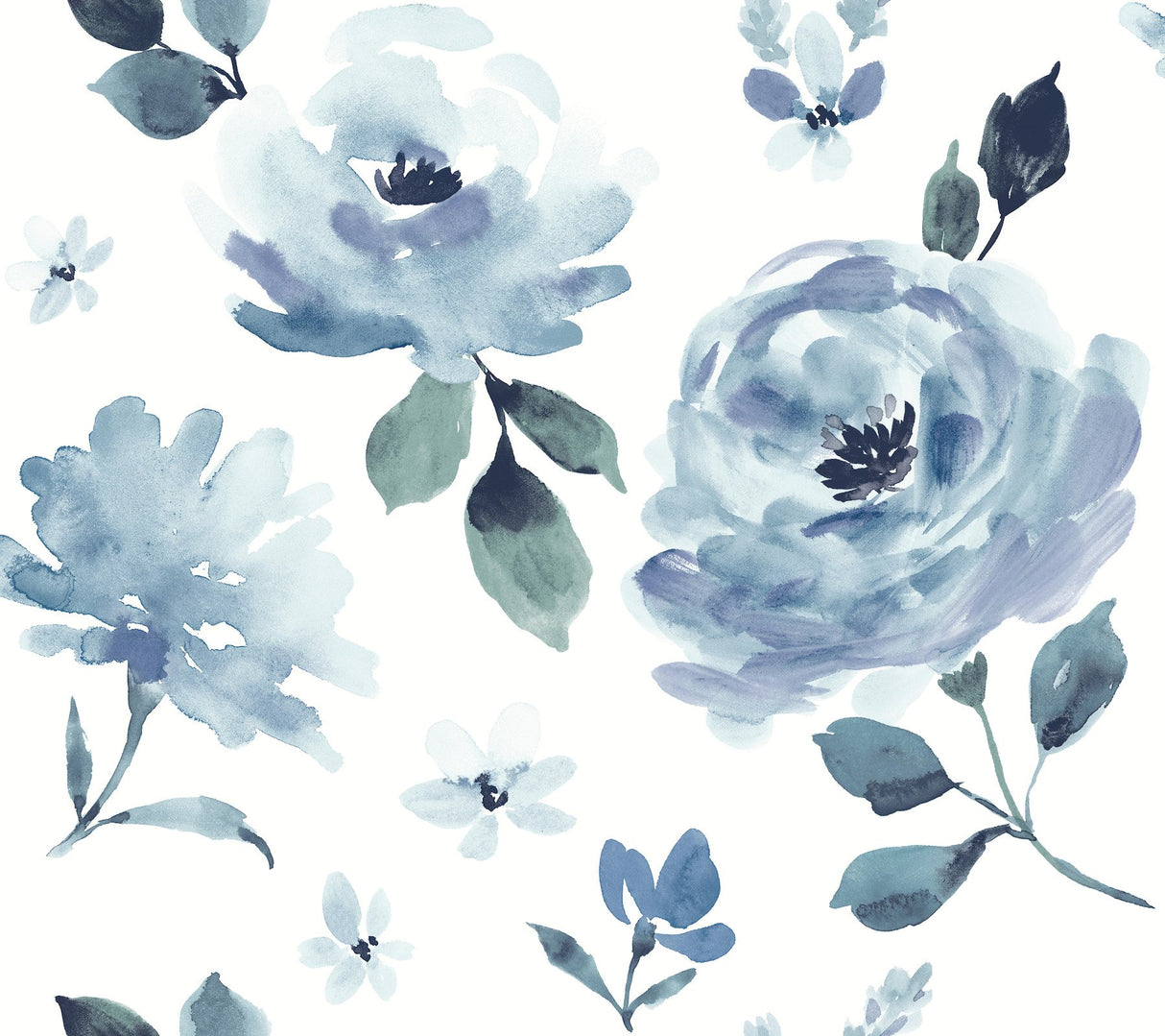 Watercolor Blooms Blue Peel & Stick Wallpaper with Botanical Watercolor Floral Motif - York PSW1074RL