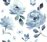 Watercolor Blooms Blue Peel & Stick Wallpaper with Botanical Watercolor Floral Motif - York PSW1074RL
