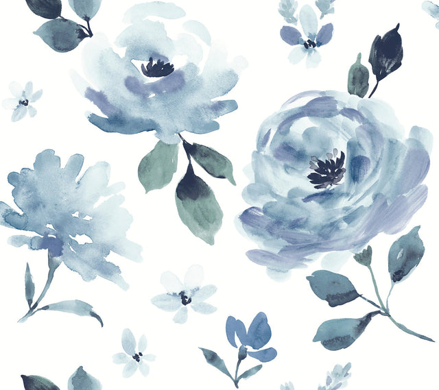 Watercolor Blooms Blue Peel & Stick Wallpaper with Botanical Watercolor Floral Motif - York PSW1074RL