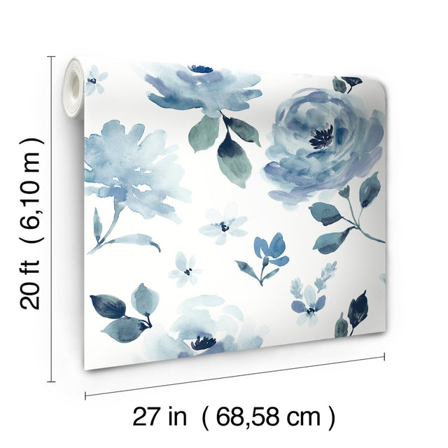 Watercolor Blooms Blue Peel & Stick Wallpaper with Botanical Watercolor Floral Motif - York PSW1074RL