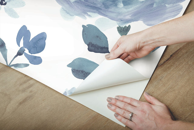 Watercolor Blooms Blue Peel & Stick Wallpaper with Botanical Watercolor Floral Motif - York PSW1074RL