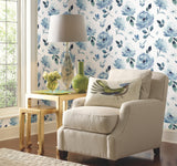 Watercolor Blooms Blue Peel & Stick Wallpaper with Botanical Watercolor Floral Motif - York PSW1074RL
