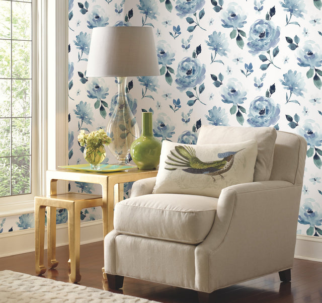 Watercolor Blooms Blue Peel & Stick Wallpaper with Botanical Watercolor Floral Motif - York PSW1074RL