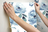 Watercolor Blooms Blue Peel & Stick Wallpaper with Botanical Watercolor Floral Motif - York PSW1074RL