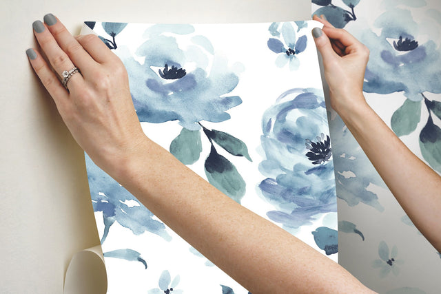 Watercolor Blooms Blue Peel & Stick Wallpaper with Botanical Watercolor Floral Motif - York PSW1074RL