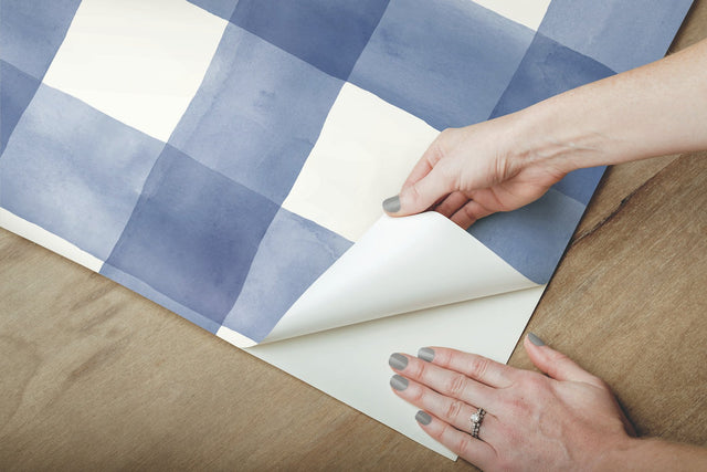 Checkmate Watercolor Plaid Blue Peel & Stick Wallpaper with Watercolor Plaid Pattern - York PSW1078RL