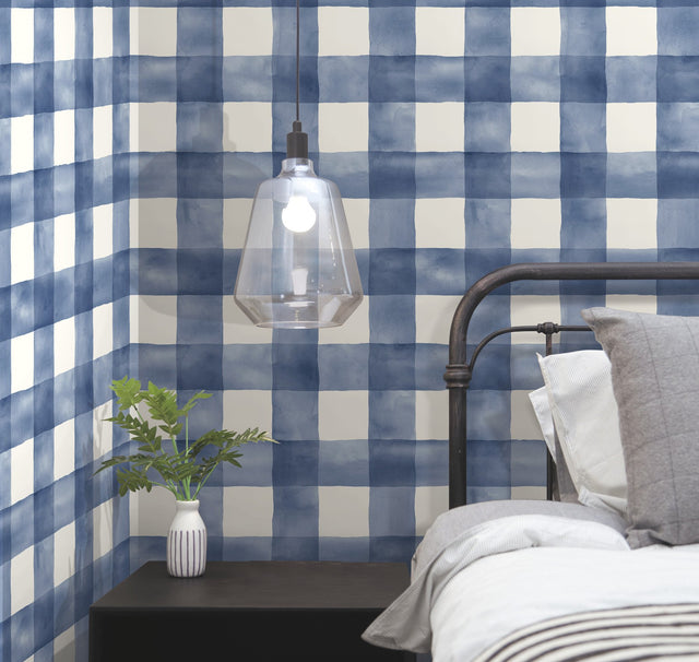 Checkmate Watercolor Plaid Blue Peel & Stick Wallpaper with Watercolor Plaid Pattern - York PSW1078RL