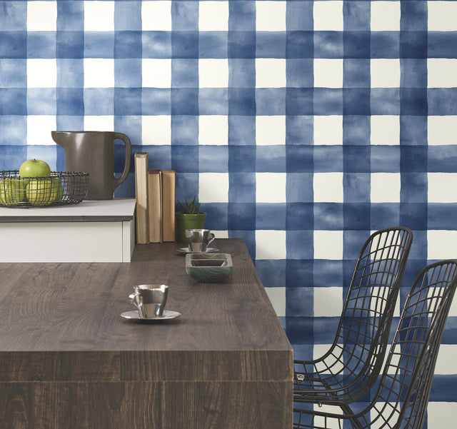 Checkmate Watercolor Plaid Blue Peel & Stick Wallpaper with Watercolor Plaid Pattern - York PSW1078RL
