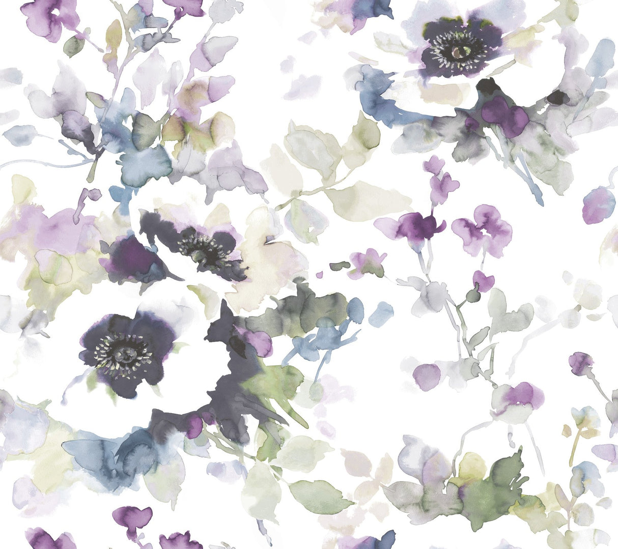 Garden Anemone Lilac & Green Peel & Stick Wallpaper with Botanical Watercolor Style - York PSW1082RL