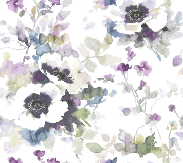 Garden Anemone Lilac & Green Peel & Stick Wallpaper with Botanical Watercolor Style - York PSW1082RL