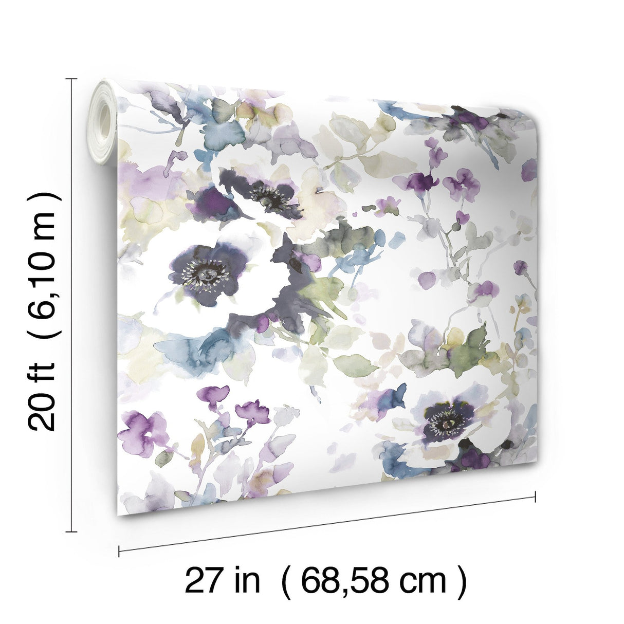 Garden Anemone Lilac & Green Peel & Stick Wallpaper with Botanical Watercolor Style - York PSW1082RL