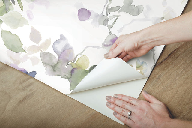 Garden Anemone Lilac & Green Peel & Stick Wallpaper with Botanical Watercolor Style - York PSW1082RL