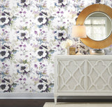 Garden Anemone Lilac & Green Peel & Stick Wallpaper with Botanical Watercolor Style - York PSW1082RL