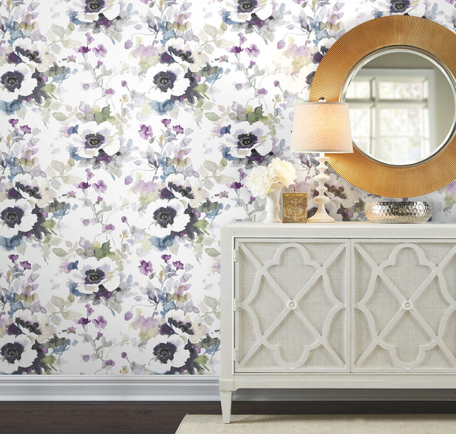 Garden Anemone Lilac & Green Peel & Stick Wallpaper with Botanical Watercolor Style - York PSW1082RL