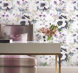Garden Anemone Lilac & Green Peel & Stick Wallpaper with Botanical Watercolor Style - York PSW1082RL