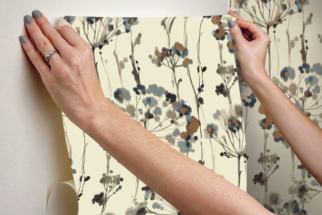 Flourish Teal Peel & Stick Wallpaper with Botanical Watercolor Motif - York PSW1095RL