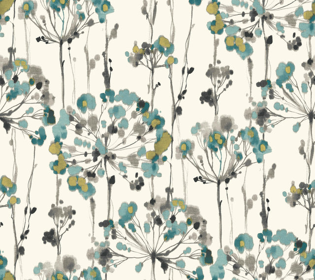 Flourish Turquoise Peel & Stick Wallpaper with Botanical Watercolor Motif - York PSW1096RL