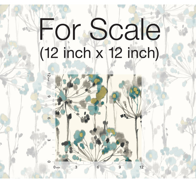 Flourish Turquoise Peel & Stick Wallpaper with Botanical Watercolor Motif - York PSW1096RL