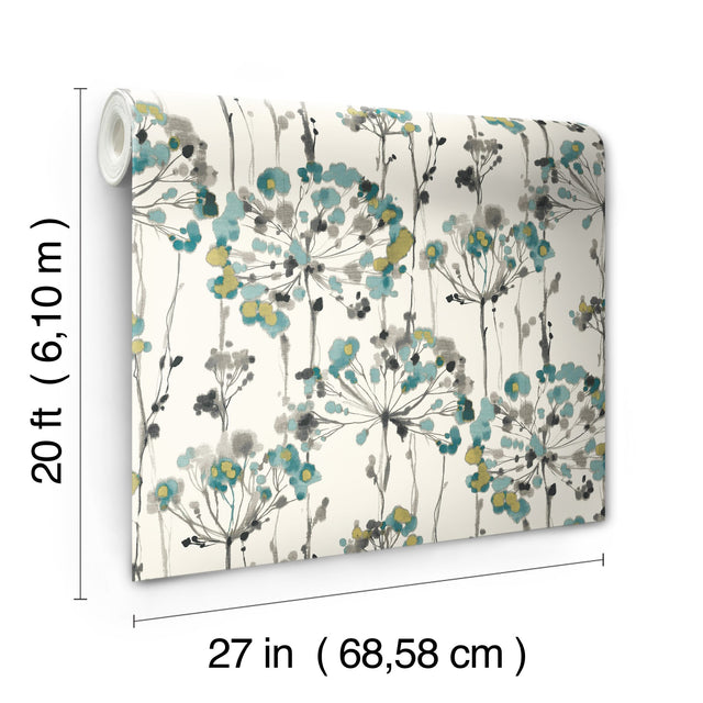 Flourish Turquoise Peel & Stick Wallpaper with Botanical Watercolor Motif - York PSW1096RL