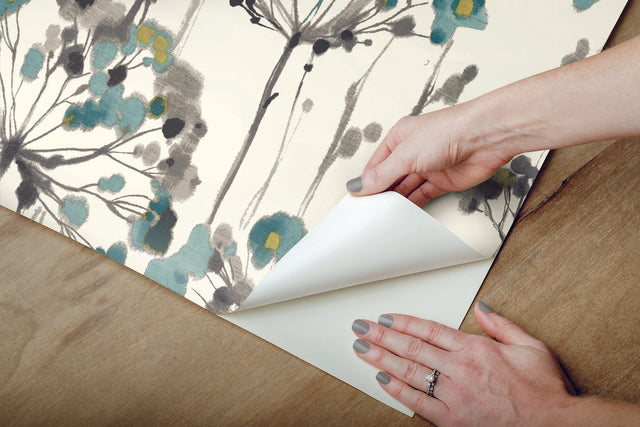 Flourish Turquoise Peel & Stick Wallpaper with Botanical Watercolor Motif - York PSW1096RL