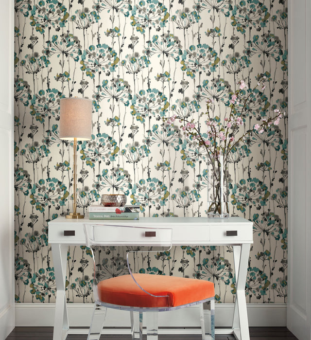 Flourish Turquoise Peel & Stick Wallpaper with Botanical Watercolor Motif - York PSW1096RL