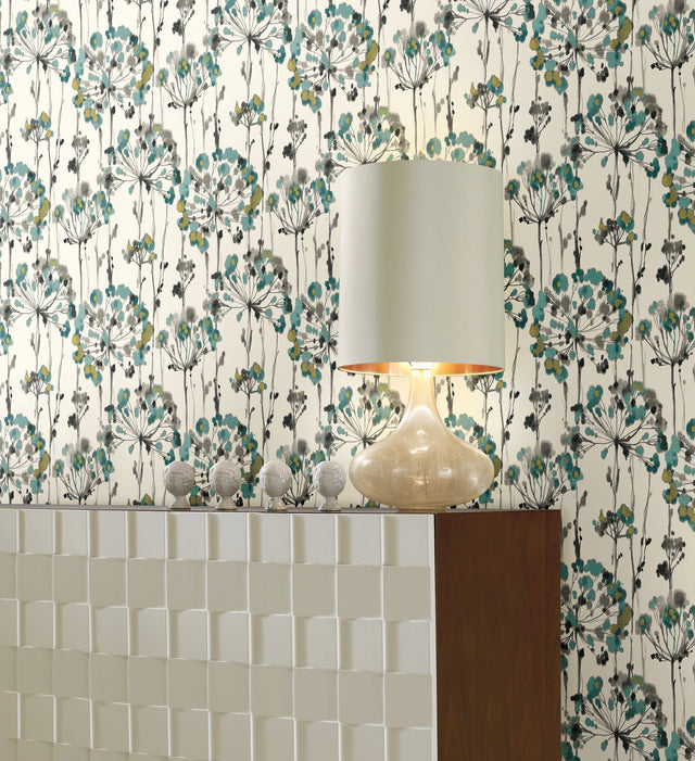 Flourish Turquoise Peel & Stick Wallpaper with Botanical Watercolor Motif - York PSW1096RL