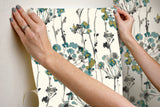 Flourish Turquoise Peel & Stick Wallpaper with Botanical Watercolor Motif - York PSW1096RL