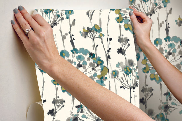 Flourish Turquoise Peel & Stick Wallpaper with Botanical Watercolor Motif - York PSW1096RL