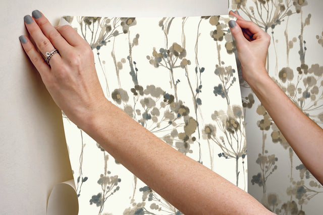 Flourish Neutral Peel & Stick Wallpaper with Botanical Watercolor Motif - York PSW1097RL