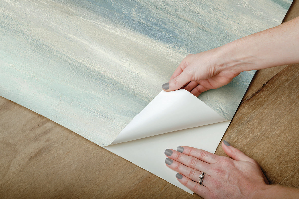 Soothing Mists Scenic Blue Peel & Stick Wallpaper with Abstract Canvas Wash - York PSW1099RL