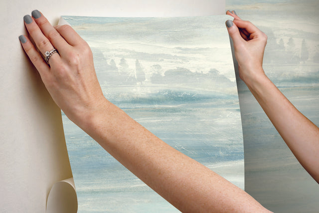 Soothing Mists Scenic Blue Peel & Stick Wallpaper with Abstract Canvas Wash - York PSW1099RL