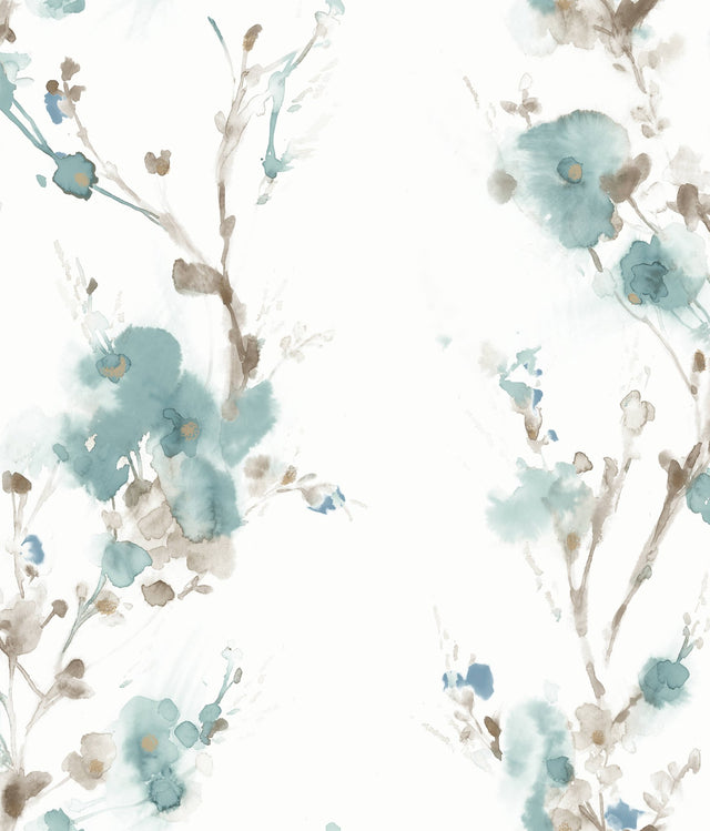Charm Teal Peel & Stick Wallpaper with Botanical Watercolor Branch Motif - York PSW1102RL