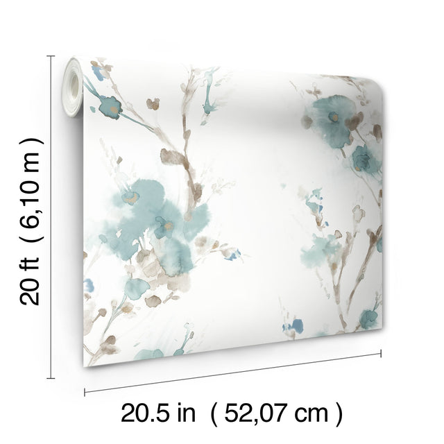 Charm Teal Peel & Stick Wallpaper with Botanical Watercolor Branch Motif - York PSW1102RL