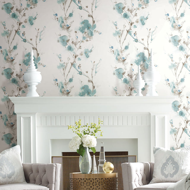 Charm Teal Peel & Stick Wallpaper with Botanical Watercolor Branch Motif - York PSW1102RL