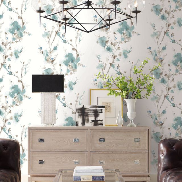 Charm Teal Peel & Stick Wallpaper with Botanical Watercolor Branch Motif - York PSW1102RL