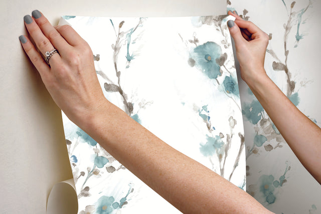 Charm Teal Peel & Stick Wallpaper with Botanical Watercolor Branch Motif - York PSW1102RL