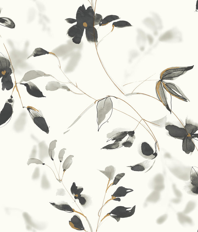 Linden Flower Black Premium Peel & Stick Wallpaper with Botanical Watercolor Vines - York PSW1103RL